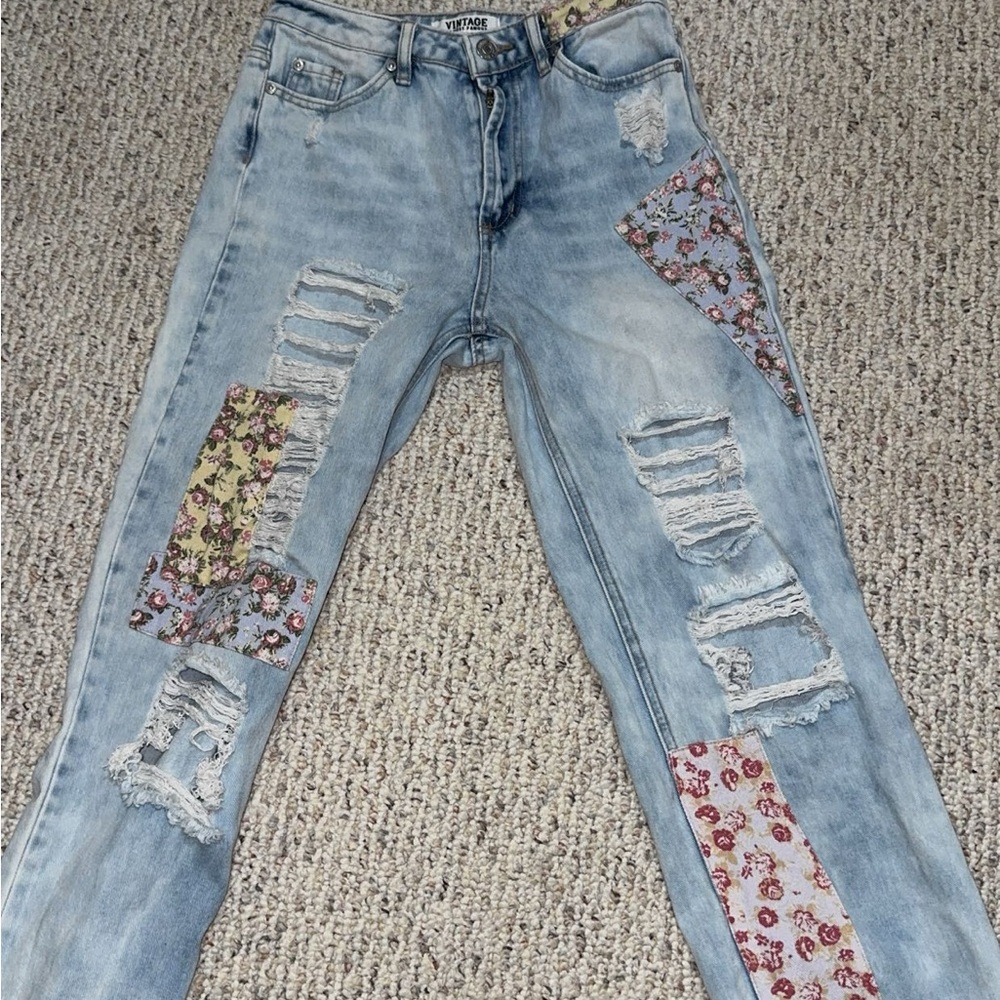 Vintage Light Blue Patchwork Boyfriend Jeans